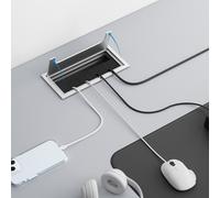 Ojalón metálico para cable de escritorio con tapa abatible para gestionar y ocultar múltiples cables de sobremesa en entornos de oficina y en casa