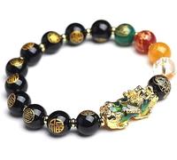 OJIJO Pulsera de cuentas de oración Mala, pulsera elástica, pulsera de cuentas de ágata, cuentas de cinco dioses de cristal, colgante Pi Xiu, regalo de San Valentín(12MM)
