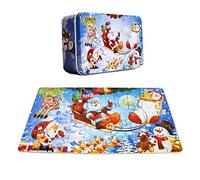 OJIN 60 Pieces Wooden Jigsaw Puzzle Merry Christmas Xmas Santa Claus Early Children Development Puzzle Wooden Cartoon Toys with Metal Storage Box (60 Piezas)