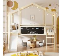 Ojiuboo Cama alta para niños con tobogán y pizarra, construcción de madera maciza, escalera de seguridad y barandilla de protección, cama individual multifuncional de estilo hogareño, perfecta para la