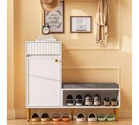 Ojiuboo Zapatero moderno con banco, una puerta, un cajón, estantes abiertos, diseño acolchado, color blanco, 100 × 35 × 82,2 cm