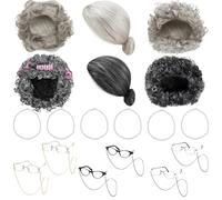 OJMHD Juego de 18 piezas de disfraz de anciana, peluca de abuela gris con collar de gafas, disfraz de abuela para fiesta de disfraces