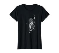 Ojos De Lobo Ornamentales Azul Geométrico Animal Retrato Arte Camiseta gráfica económica, Mujer, Negro, S