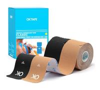 OK TAPE Cinta Cinemática Precortada de 25cm, 20 tiras, cinta deportiva elástica de algodón, sin látex, 5 cm x 5 m(2 Rollos,Negro+Beige)