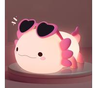 Okayera Luz nocturna Axolotl, luz nocturna portátil para habitación de bebé, bonita lámpara de silicona de salamandra con gafas rosas, temporizador regulable decoración de mesita de noche, regalos de