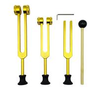 Okeeyseda Juego de 4 Horquillas de AfinacióN (128 Hz, 256 Hz, 512 Hz) con Martillo de Horquilla de AfinacióN para Herramienta de VibracióN de Sonido con Base, Dorado