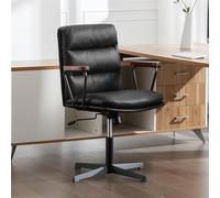 Okeysen Silla de escritorio de oficina sin ruedas, silla cruzada acolchada de poliuretano con reposabrazos de madera, silla ergonómica ajustable con respaldo medio, bonita silla giratoria sin brazos