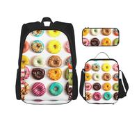 OKFSTY Different Flavors of Doughnuts - Mochila de 3 piezas, 16 pulgadas para niños, preescolar, primaria y fiambrera, peso ligero, Black, Talla única, Juego de mochila escolar