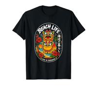 Okinawa Beach Kawaii Shisa Guardian Lions japonés Kanji Camiseta gráfica económica, Hombre, Negro, S