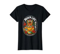 Okinawa Beach Kawaii Shisa Guardian Lions japonés Kanji Camiseta gráfica económica, Mujer, Negro, S