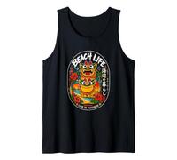 Okinawa Beach Kawaii Shisa Guardian Lions japonés Kanji Camiseta sin Mangas