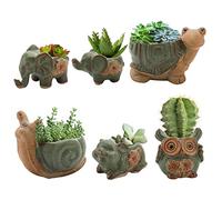 Okllen Juego de 6 minimacetas de cerámica para suculentas, Elefante, Tortuga, búho, Caracol, macetas con Agujero de Drenaje, Ideal para bonsái, Interior y Exterior