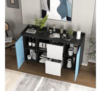 OKMYHOME - Aparador de cocina moderno con 2 cajones, 2 nichos abiertos y puertas azules, mueble de almacenamiento de MDF, 120 x 40 x 80 cm, negro/azul