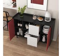 OKMYHOME - Aparador de cocina moderno con 2 cajones, 2 nichos abiertos y puertas azules, mueble de almacenamiento de MDF, 120 x 40 x 80 cm, negro/rojo