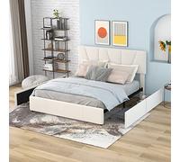 OKMYHOME Cama con almacenamiento de 140 x 200 cm, cama acolchada con cabecero ajustable y 4 cajones, madera de pino + MDF + terciopelo - sin colchón - Beige