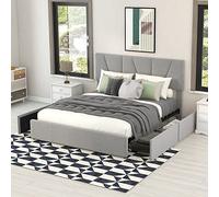 OKMYHOME Cama con almacenamiento de 140 x 200 cm, cama acolchada con cabecero ajustable y 4 cajones, madera de pino + MDF + terciopelo - sin colchón, gris