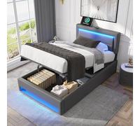 OKMYHOME - Cama con maletero de 90 x 190 cm, cama individual con baúl de almacenamiento, puerto USB e iluminación LED, estructura de piel sintética, color gris