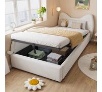 OKMYHOME - Cama con maletero de 90 x 200 cm, con almacenamiento hidráulico y baúl de almacenamiento, diseño de cabecera de gato en el lado izquierdo, estructura de terciopelo - Beige