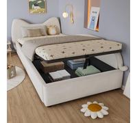 OKMYHOME - Cama con maletero de 90 x 200 cm, con almacenamiento hidráulico y baúl de almacenamiento, diseño de cabecera de gato en el lado derecho, estructura de terciopelo - Beige