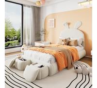 OKMYHOME - Cama individual, 90 x 200 cm, acolchada con orejas de conejo y tiras luminosas, 2 taburetes de almacenamiento - terciopelo - Beige