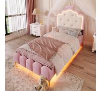 OKMYHOME Cama infantil 90 x 200 cm - Cama Princesa con cabecera de corona e iluminación LED a distancia, estilo Capitonado Elegante, sin colchón, rosa