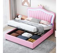 OKMYHOME - Cama infantil de 140 x 200 cm - Cama con baúl tapizada con LED y almacenamiento hidráulico, cama doble funcional, PU + MDF, sin colchón, rosa