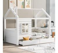 OKMYHOME Cuna 90 x 200 cm - Cama cabaña con barreras y ventana de madera maciza - Somier de lamas - Sin colchón - Blanco