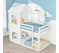 OKMYHOME Litera 90 x 200 cm - Cama cabaña infantil con escalera y dosel - Madera de pino - sin colchón - Blanco