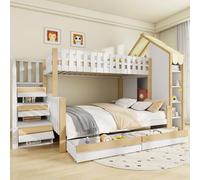 OKMYHOME Litera 90 x 200 cm - Cama infantil con escalera y cajones, diseño cabaña de madera maciza, MDF, color blanco y natural