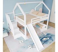 OKMYHOME Litera infantil 140 x 200 cm - Cama con tobogán y escalera de almacenamiento - Marco de madera MDF - sin colchón - Blanco