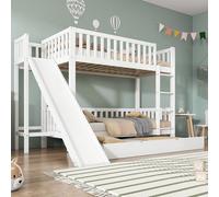 OKMYHOME Litera infantil 90 x 200/90 x 190 cm - Cama cabaña de madera con cama gigante, tobogán y almacenamiento - sin colchón - Blanco