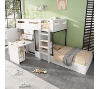 OKMYHOME - Litera infantil de 90 x 200 cm, cama con escritorio plegable y armario, MDF y paneles laminados, sin colchón, color blanco