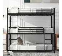 OKMYHOME - Litera triple 90 x 200 cm, cama infantil con 3 capas y barreras de protección, estructura de metal, sin colchón, color negro