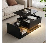 OKMYHOME - Mesa auxiliar multifunción con bandeja de cristal, almacenamiento e iluminación LED, PB/Spanplatte, 100 x 50 x 33/47,5 cm, color negro