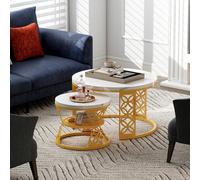 OKMYHOME - Mesa baja redonda de 2 piezas, bandeja de efecto mármol y base de metal dorado, apilable para salón moderno, color blanco y dorado