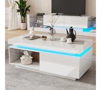 OKMYHOME - Mesa de centro blanca con LED y 1 cajón, alto brillo frontal y bandeja, 100 x 50 x 40,3 cm, color blanco