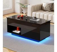 OKMYHOME - Mesa de centro elevable con LED y cajón de almacenamiento, diseño moderno con fachada de alto brillo, color negro, 100 x 50 x 55 - 70,5 cm
