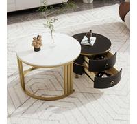 OKMYHOME Mesa de centro extensible 2 en 1 - Tapa de mármol blanco y brillante - 2 cajones integrados - MDF y metal - Blanco y negro - 70 x 70 x 46 + 50 x 50 x 40 cm