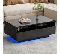 OKMYHOME - Mesa de centro negra con 4 cajones e iluminación LED a distancia, capacidad 30 kg, paneles altos brillantes, 90 x 55 x 35 cm, color negro