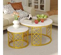 OKMYHOME Mesa de centro redonda de 2 piezas - Tablero de efecto mármol, estructura de metal dorado con corazón calado - Mesas apilables para sala de estar - Blanco y dorado