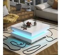 OKMYHOME Mesas Bajas - Mesa de centro cuadrada con LED de 16 s, bandeja superior y lados luminosos, paneles de partícula 70×70×36 cm - Blanco