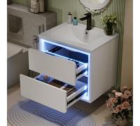 OKMYHOME - Mueble de baño con lavabo empotrado, 1 cajón silencioso, 2 puertas e iluminación LED con detección - MDF + cerámica, color blanco - 76 x 46 x 50 cm
