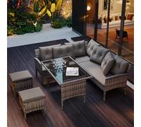 OKMYHOME Salón de jardín de 7 plazas con sofá, sillones y taburetes, de resina trenzada PE anti-UV con mesa de cristal templado, color gris