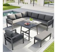 OKMYHOME - Salón de jardín L 8 plazas - Sofá esquinero, sillones y mesa de cristal imitación madera, muebles gris resistente a las inclemencias del tiempo
