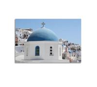 OKNGB Póster de arquitectura de las islas griegas con capilla de cúpula azul y pueblo encalado, cuadro decorativo en lienzo, 50 x 75 cm