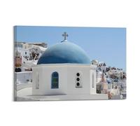 OKNGB Póster de arquitectura de las islas griegas con capilla de cúpula azul y pueblo encalado, cuadro decorativo en lienzo, 50 x 75 cm