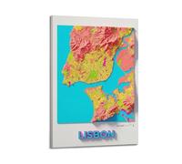 OKNGB Póster de viaje de geografía 2D, Portugal, Lisboa, póster decorativo, lienzo, póster de pared e impresión artística moderna para decoración de dormitorio familiar, 60 x 90 cm
