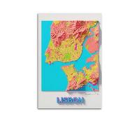 OKNGB Póster de viaje de geografía 2D, Portugal, Lisboa, póster decorativo, lienzo, póster de pared e impresión artística moderna para decoración de dormitorio familiar, 60 x 90 cm