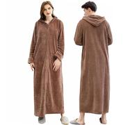 Oksun Albornoz de forro polar para mujer, talla grande, largo completo, con cremallera, Con capucha, color marrón, 10-14