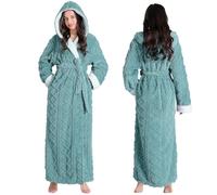 Oksun Bata larga de forro polar para mujer: bata de baño suave y esponjosa con capucha de jacquard, Verde, Medium
